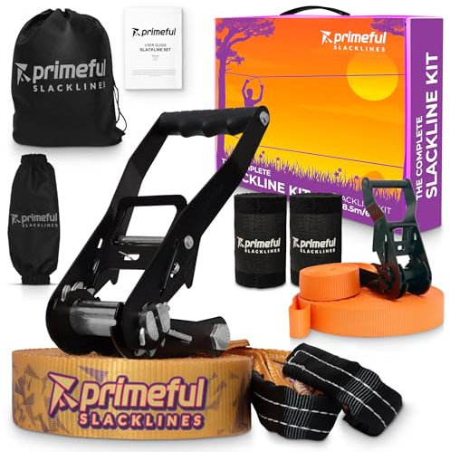 Primeful® Slackline Set 18,5m - Premium Komplettset mit Hilfsseil, Ratsche, Baumschutz & Tasche - TÜV-geprüft bis 150kg - Balance Training für Kinder, Anfänger & Erwachsene - Outdoor Fitness Geschenk