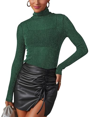 Mujer Tops de Malla Transparente con Purpurina Camiseta Transparente de Manga Larga Sexy Tops