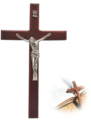 Sariputa 20 × 11,5 cm croce crocifissa, croce in legno, decorazione da parete in platino, croce in legno con lega, Gesù Cristo cattolico, per chiesa, casa, soggiorno, decorazione da parete