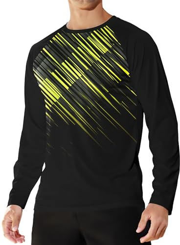 APTRO Men’s T-Shirts Gym Top for Men Rash Guard Shirts UPF 50+ Athletic Breathable Running Tops Quick Dry Long Sleeve Yellow Strip Black L