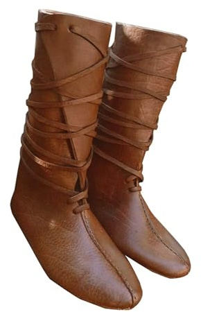 Syktkmx Mens Renaissance Lace Up Loafer Boots Medieval Cosplay Pirate Viking Tied Halloween Shoes