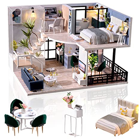 Cuteefun Miniature DIY Dolls House Kit, Wooden Doll house Kit with Furniture, Handmade Crafts for Adults, 1:24 Scale Gift for Birthday, Valentine's Day Father's Day(Leisure Time)