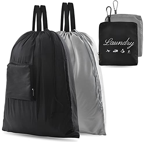 2 Pcs JHX Travel Laundry Bags, Dirty Clothes Organizer【Upgraded】with Handles and Aluminum Carabiner for Travel, Camp, Fitness, and Students (Black&Grey) 24L x 21W