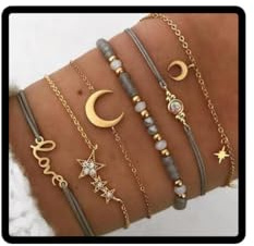 Wedity Bracelets Star and Moon Triangle Black Turquoise Beaded Bracelets Map Flower Waves Hand Accessories Adjustable for Women and Girls (C)