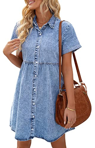 Niceyoeuk Vestidos de mezclilla para mujer, casuales, de verano, manga corta, con botones, lindos vestidos fluidos escalonados, azul, M