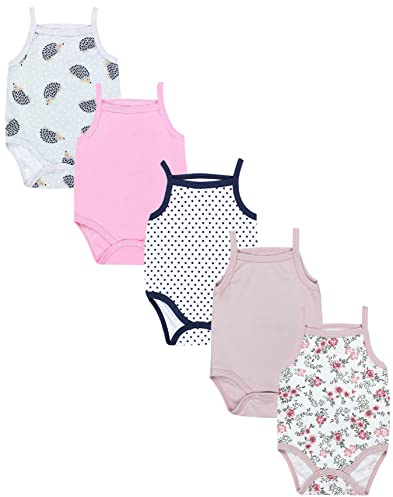 TupTam Body Neonato Bambina 5 Pezzi – Body Neonato in Cotone con Spalline, Perfetto per l’Estate, Riccio/Fiori/Rosa/Grigio, 80