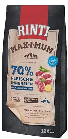 Rinti - Max-i-Mum | Trockenfutter für ausgewachsene Hunde mit 70% Fleisch & Innereien. Getreidefreies Alleinfutter im Beutel mit ausgewogenem Protein-/Fett-Verhältnis | 12kg Ente