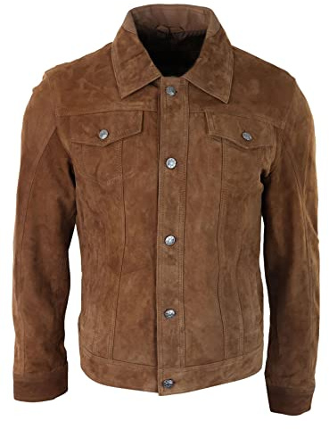 Blouson en Daim véritable pour Homme Style Veste en Jean Courte Biker Classique Vintage - Marron Clair M