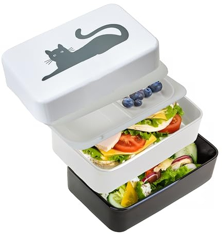 Premier Housewares Durable Cat Lunch Box With Cutlery| Stylish Multi Compartments Bento Box For Travelling | Portable Lunch Box With Two Compartments For Kids School, Offices