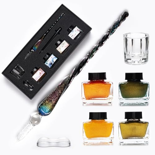 AOKUY Set med dopppenna och bläck i glas – kalligrafiset med bläck- och pennhållare, rengöringskopp, droppverktyg, kristallsignatur bläckpenna för konst, skrivning, signaturer, kalligrafi. (A)