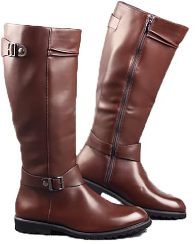 LNNLOO Botas De Equitación (37-46), Caña Ancha - Traje Medieval, Cuero Liso, Suela De Goma, Hebilla De Cinturón/Cremallera Lateral, Antideslizantes/Impermeables, Para Otoño/Hombres,42,Brown