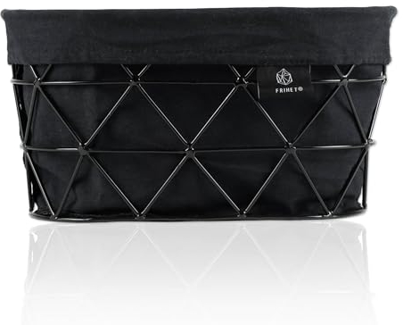FRIHET Corbeille à pain et corbeille à fruits 2 en 1 - Métal - Insert lavable en 100 % coton - Ovale - Noir - Panier de rangement - 27 cm x 14 cm x 16 cm (L x H x l) - Noir - Losange