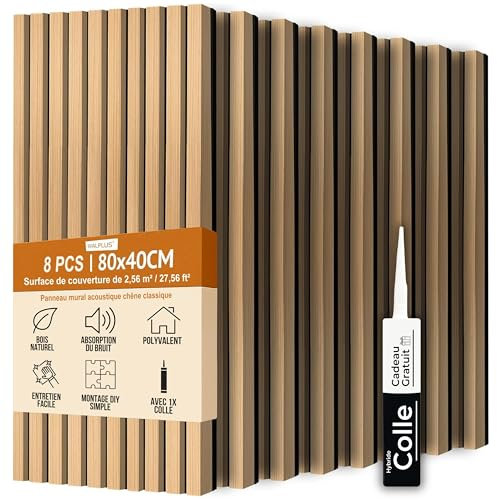 WALPLUS Panneau Acoustique Bois 80x40x2.10cm Panneaux Muraux 3D Placage Bois Naturel Panneau Fond de Meuble éduction du Bruit pour Bureau Salon Studio Chêne Naturel Lot de 8