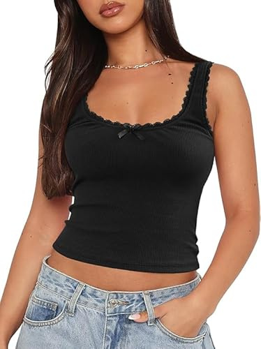 Haibang Camiseta Sin Mangas Mujer Verano Camisetas Tirantes con Encaje Patchwork Sexy Ajustado Crop Top Elegantes Suave Tank Tops Casual Básica Chalecos Top Lencero Moda Chic Y2K Streetwear