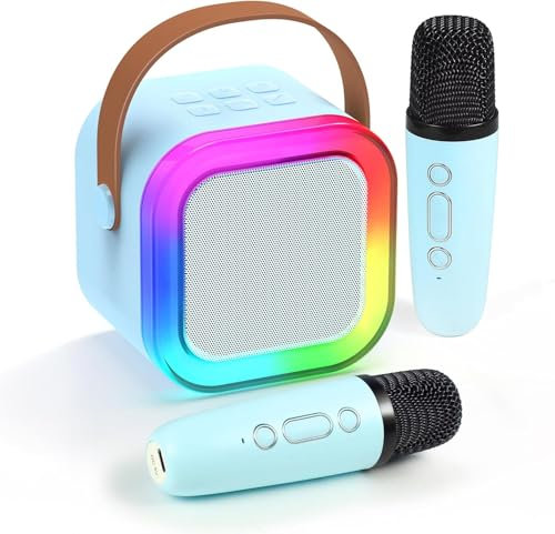 Máquina de karaoke para niños y adultos, altavoz Bluetooth de karaoke con 2 micrófonos inalámbricos, mini máquina de karaoke con luces LED, juguetes de regalo para niñas y niños