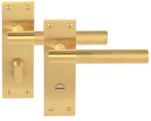 Hunta HANDLEZONE® 1 Pair of Levada Grip Satin Brass Designer Bathroom WC Toilet Door Handle Set on Long Flat Backplate, for Internal Doors