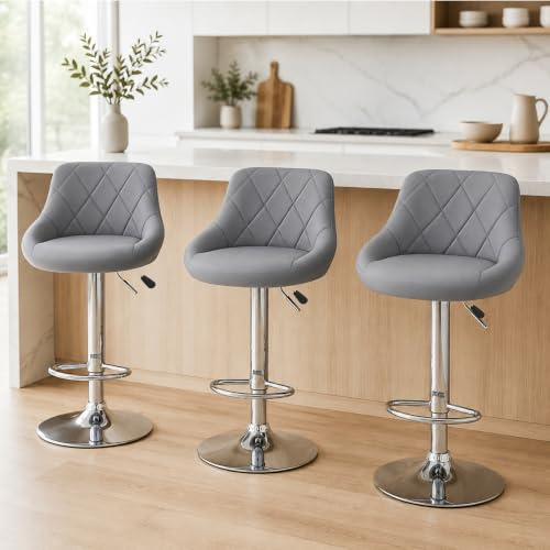 CROWNSHOP Modern Bar Stools Set 3pcs Leatherette Exterior Adjustable Grey
