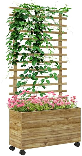 Outsunny Outdoor Wooden Planters with 4 Wheels Trellis 76x30x155cm Natural | Free Standing Flower Raised Beds, for Climbing Plants, for Garden