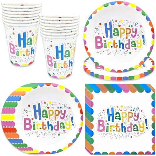 pekifaves Colorido juego de vajilla de fiesta de cumpleaños, feliz cumpleaños infantil, platos de papel, tazas, servilletas, 16 invitados, juego de vajilla para hombres, mujeres y niños, blanco
