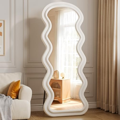 FlyEcho Full Length Mirror, 63x24 Wavy Full Body Freely Standing Mirrors, Flannel Floor Mirror with Stand for Bedroom, Living Room, Hanging Leaning Wall Mirror Modern Home Decor