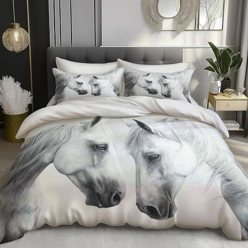DACRWEKZ Tierillustration Zwei Pferde Bettwäsche 2 Teilig135×200 cm Weich Bequem Wendebettwäsche Bettwaren mit Reißverschluss und 1 Kissenbezug 80x80 aus 100% Mikrofase, Schwarz und Weiß