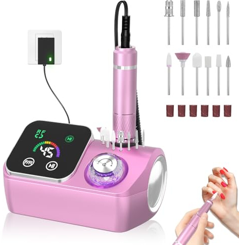 PYVOLA Professional Electric Nail Drill E-File Machine - 45,000 RPM Corded Nail Drills Kit with Low Noise & LED Display for Shaping, Removing & Polishing Acrylic Gel Nails for Salon Home