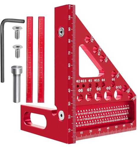 Koprek 3D Carpenters Square Tools, 22.5-90°3D Multi Angle Measuring Ruler Aluminum Alloy Combination Woodwork Square Protractor, Precision Woodworks Tool Ruler with 11 Drill Hole and 2 Woodwork Pens