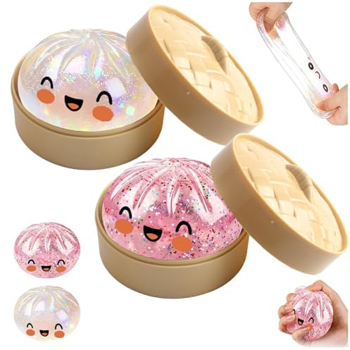 Giant Dumpling Squishy, Mystery Dumpling Squishy, Gigante Glitter Squishys Ravioli，Palla Antistress Gigante Misteriosa, Giocattolo Antistress Bao Bun Con Vaporiera Per Bambini Adulti（Rosa+Trasparente）