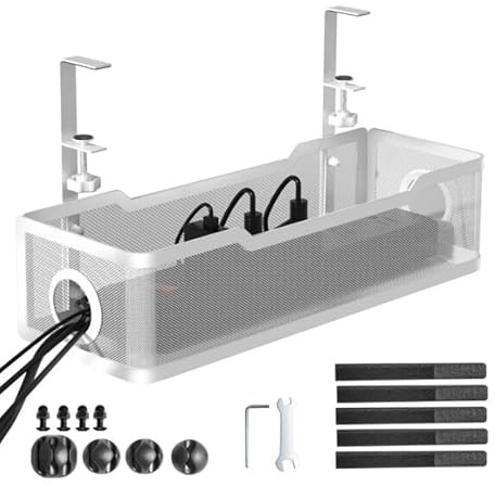 Organizador Cables Escritorio Bajo Mesa – Bandeja Organizadora de Cables Metálica sin Taladro para Regletas y Cargadores – Soporte Cable Management Oficina y Home Office (Blanco)