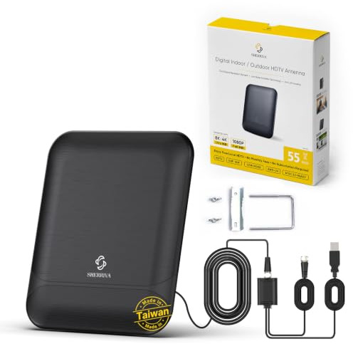 SHERRIVA Digital TV Antenna for Smart TV Indoor & Outdoor, 55 Miles Amplified HDTV Antenna with Signal Booster, Reception for Local Channels TV 8K 4K 1080P HD VHF UHF, with 16ft Coax Cable
