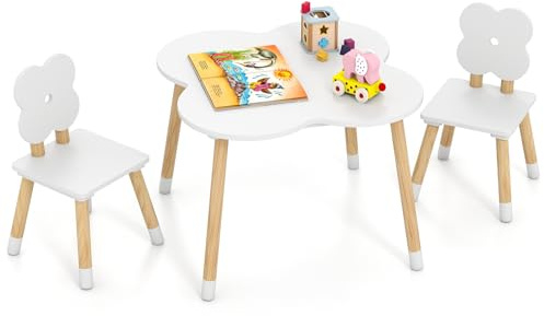GOPLUS Barnbord med 2 stolar, barnstolsgrupp med massiva träben, målbordsset i blomform, lekbord för barnrum och förskolor, bordsstolset för barn från 3 år (vit)