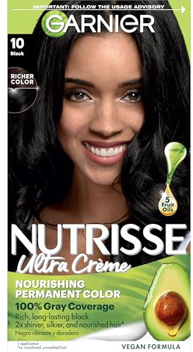 Garnier Nutrisse Ultra Crème Hair Color, Permanent Hair Dye with 100% Gray Coverage, Vegan & Cruelty-Free, 10 Black (Licorice), 1 Count