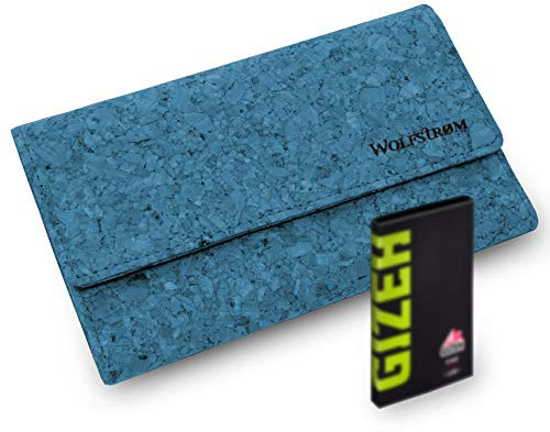 Tabaktasche 'Taruk' Kork vegan – Set inkl. Gizeh Papers – Tabak-Beutel Drehertasche mit Magnetverschluss, Filterfach, Blättchenhalter – Cork Blue
