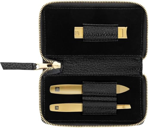 ZWILLING Maniküre-Set (3 teilig, schwarzes Echtleder Etui, Pflege für Hände und Füße, Reiseset, mit Nagelknipser), Premium, Gold Edition