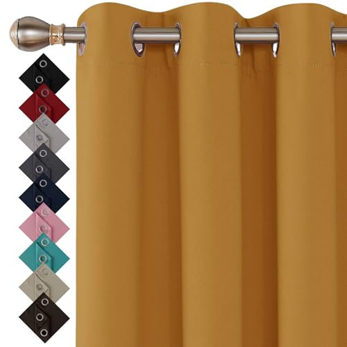 Thermal Insulated Blackout Ring Top Eyelet Curtains for Bedroom windows 2 Panels (90 x 54 Inch, Ochre Yellow)
