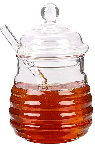 BELLE VOUS Glass Honey Jar with Dipper & Lid - 400ml/14oz Pot - Glass Honey Container with Lid Cover for Home Kitchen or Wedding/Party - Holder for Honey, Jams or Spices