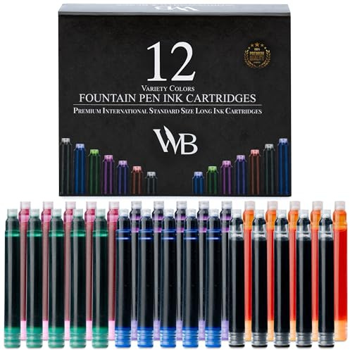 Wordsworth & Black 12Pack - Cartuchos de tinta para pluma estilográfica - Variedad de colores - Tamaño estándar internacional - Longitud aprox. 5,2cm - Diámetro de la base aprox. 0,6cm - Desechable