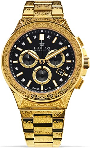 LOUIS XVI Le Monarque Royale Montre chronographe pour homme 42 mm Mouvement à quartz suisse Bracelet en acier inoxydable Argenté/doré Cadran noir Diamants CZ, Doré/noir, Luxury