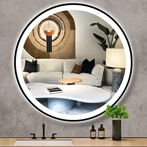 DIDIDADA 32 Inch Black Frame Round LED Bathroom Mirror Anti-Fog Smart Memory 3 Color Adjustable Brightness Frontlit 32 Black Framed Circle Round Lighted Vanity Mirror for Bathroom Wall Mounted