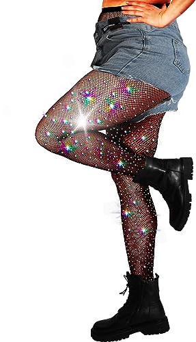 DancMolly 10X Strong Ultra Sparkly Rhinestone Fishnet Stockings, Plus Size Sparkle Fish Net Tights for Women, Sexy Party Concert Outfit, 1 pair Black 2XL-4XL