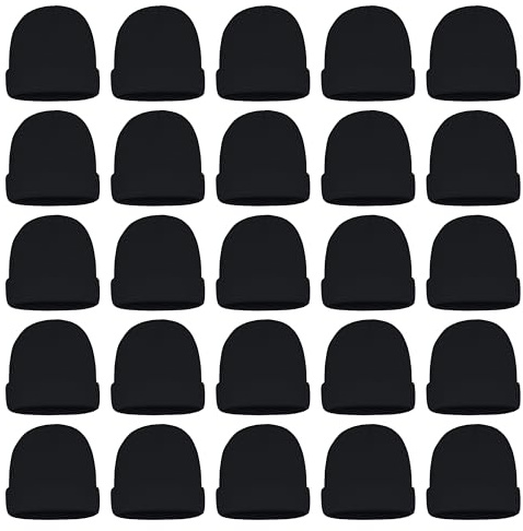 25 Pack Winter Beanie Hats, Unisex Thermal Toboggan Cold Weather Cuffed Caps Bulk Bundle Black