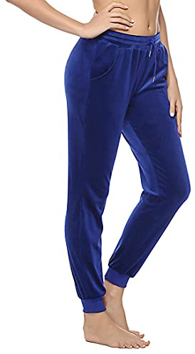 Aottori Sammetsbyxor Dam Vinterchenillbyxor Träningsbyxor Sammet Sportbyxor Jogger Byxor Bekväma Pyjamasbyxor med Fickor och Dragsko för Hem Jogging Fitness Yoga, Blå, XL