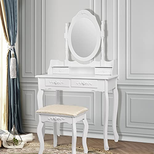 ML-Design Klädbord Vit, Klädbyrå med spegel, pall och 4 lådor, 75 x 140 x 40 cm, Lantlig stil, Kosmetikbord för damer och flickor, Klädbord av MDF-trä, Sminkbord med kommod