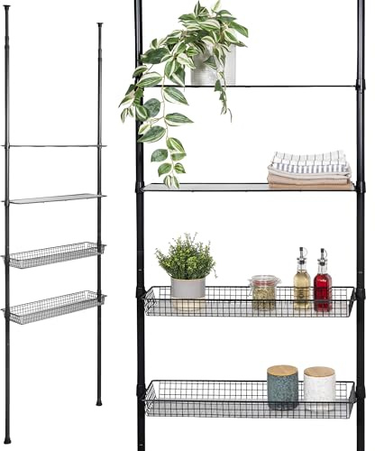 bremermann Teleskop-Regal mit 2 Körben 2 Ablagen, Badregal, Waschmaschinenregal, Allzweckregal für viele Wohnbereiche geeignet, Teleskop-Stange höhenverstellbar bis max. ca. 290 cm (Schwarz)