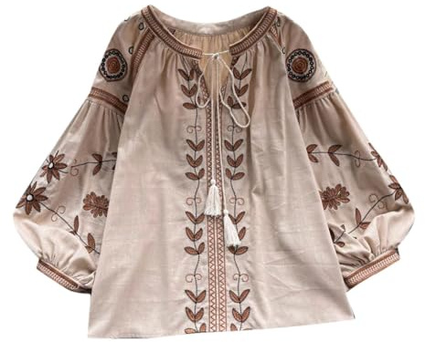 Chemisier brodé de printemps bohème ample à col rond pour femme, kaki, taille unique