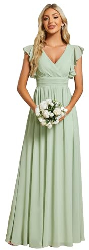 Ever-Pretty Robe de Soirée Dos Nu pour Femme Manches Volantées Mousseline Col V Plissé Robe de Demoiselle d'honneur Longue Élégante Verte Menthe 42