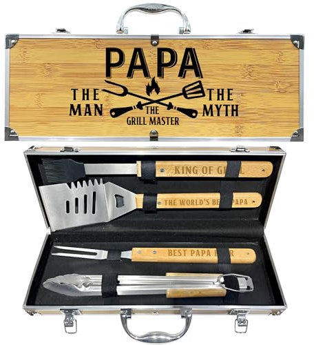 Papa Gifts from Grandkids, Gift for Papa Fathers Day Heavy Duty Wooden BBQ Grilling Accessories Kit for Backyard, Thick Stainless Steel Grill Utensils with Non-Slip Handle Tools in Portable Bag