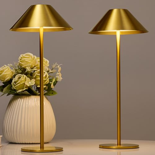 Bojim 2 Gold Table Lamp LED Touch Battery Operated USB Rechargeable for Home, Modern Brass Lamps Portable Wireless Bedside Reading IP54 Waterproof Cordless Lights Outdoor Garden Kitchen