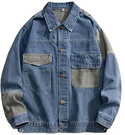 GURUNVANI Chaqueta de mezclilla de retazos para hombre, abrigo de mezclilla de gran tamaño, con botones, Azul, XX-Large