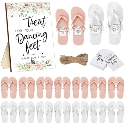 Toulite 52 Pairs Wedding Flip Flops Bulk for Guests Sandal Dancing Slipper Gifts Wedding Sign Tags Rope Bridal Shower (White,Pink)